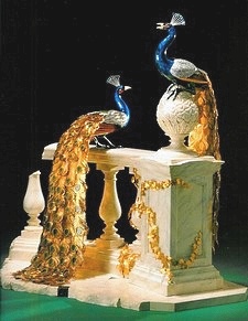 life size silver and enamel peacocks